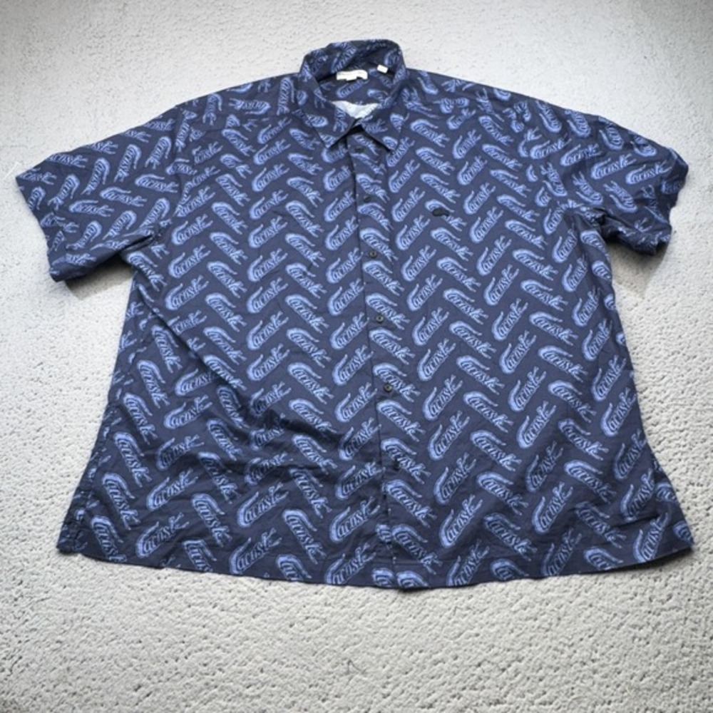 Lacoste Shirt Mens 2XL Blue Logo All Over Print Short Sleeve Button-Up Alligator